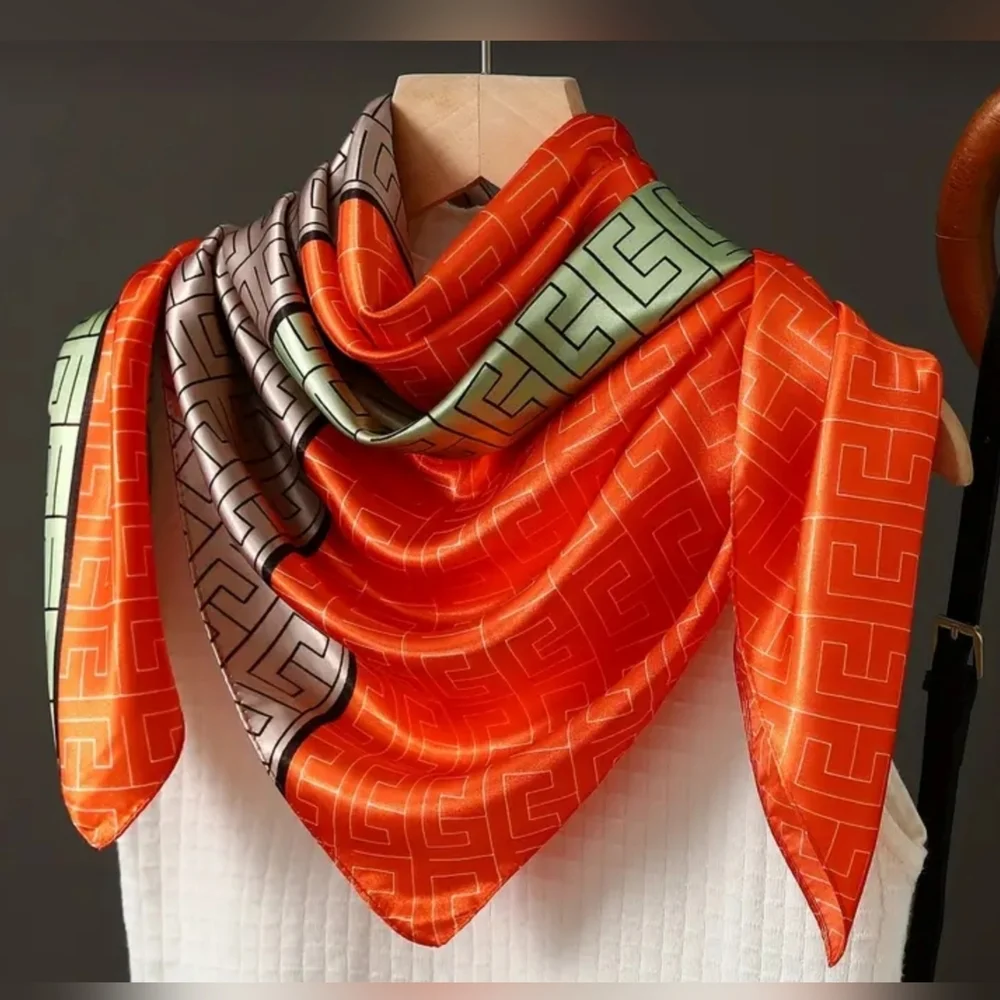 Orange and Green Geometric Silk Scarf Includes A Free Scarf Pin.